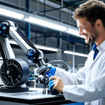 **

"A brightly lit, modern factory floor. Cobots are working alongside human technicians, assembling bicycle parts. One cobot is carefully screwing on a wheel. The human worker is smiling, and the overall atmosphere is clean, efficient, and collaborative. Soft, diffused lighting."

**