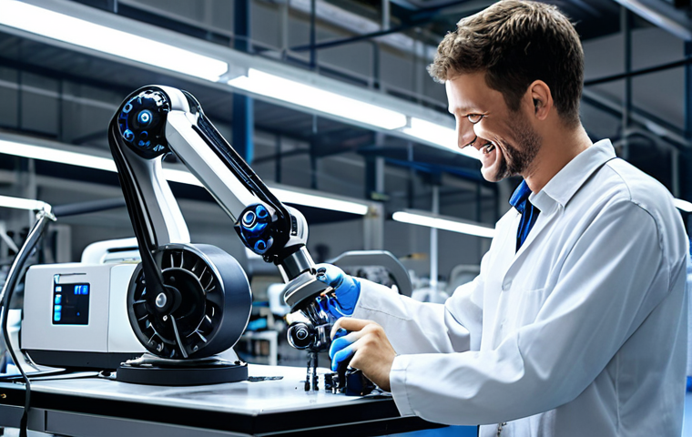 **
"A brightly lit, modern factory floor. Cobots are working alongside human technicians, assembling bicycle parts. One cobot is carefully screwing on a wheel. The human worker is smiling, and the overall atmosphere is clean, efficient, and collaborative. Soft, diffused lighting."
**