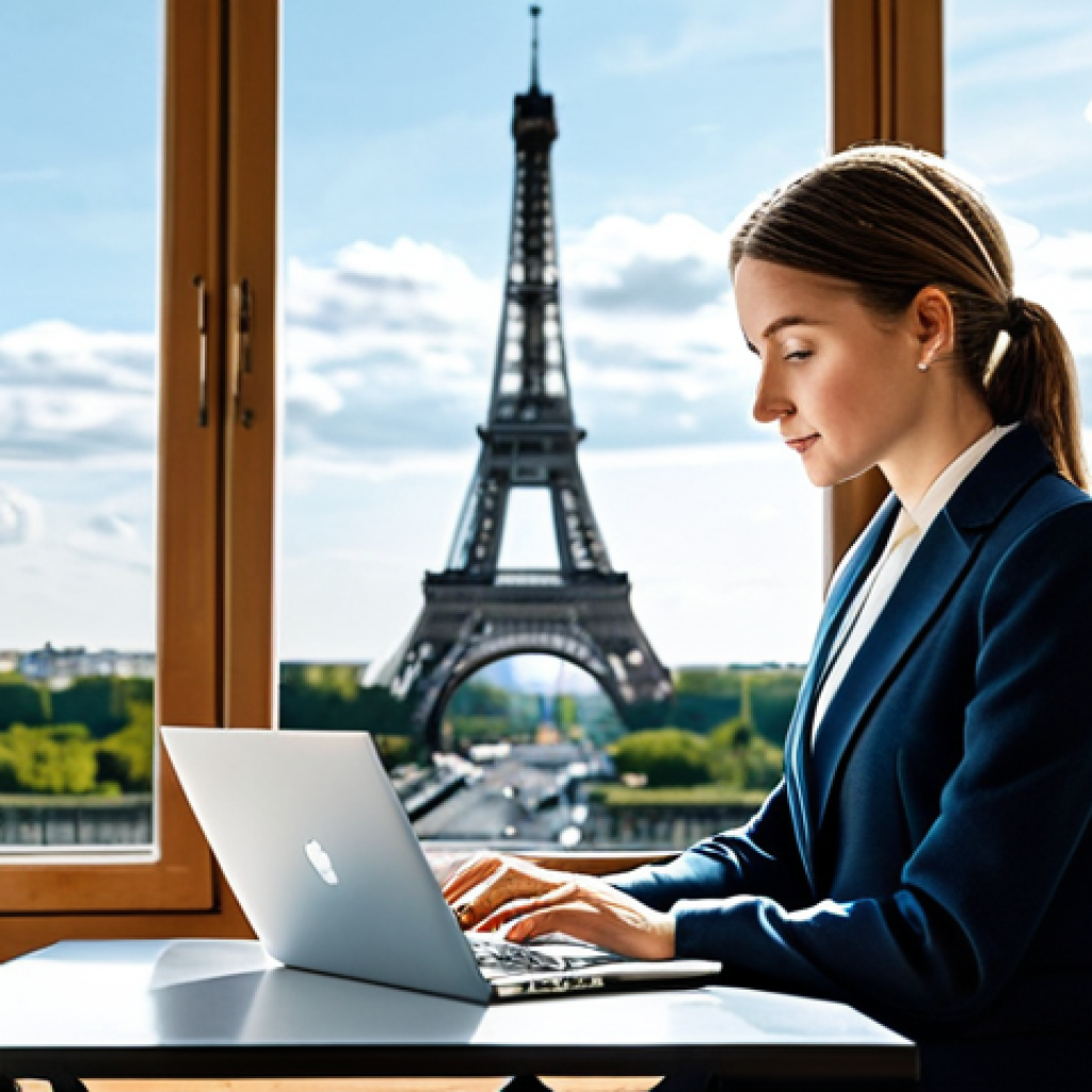 **

"A professional businesswoman in a chic Parisian office, fully clothed in a stylish business suit (skirt and jacket), working on a laptop. Large windows overlooking the Eiffel Tower. Soft, natural lighting. Safe for work. Appropriate attire. Perfect anatomy, natural pose, well-formed hands. Professional, modest, family-friendly. High quality, photorealistic."

**