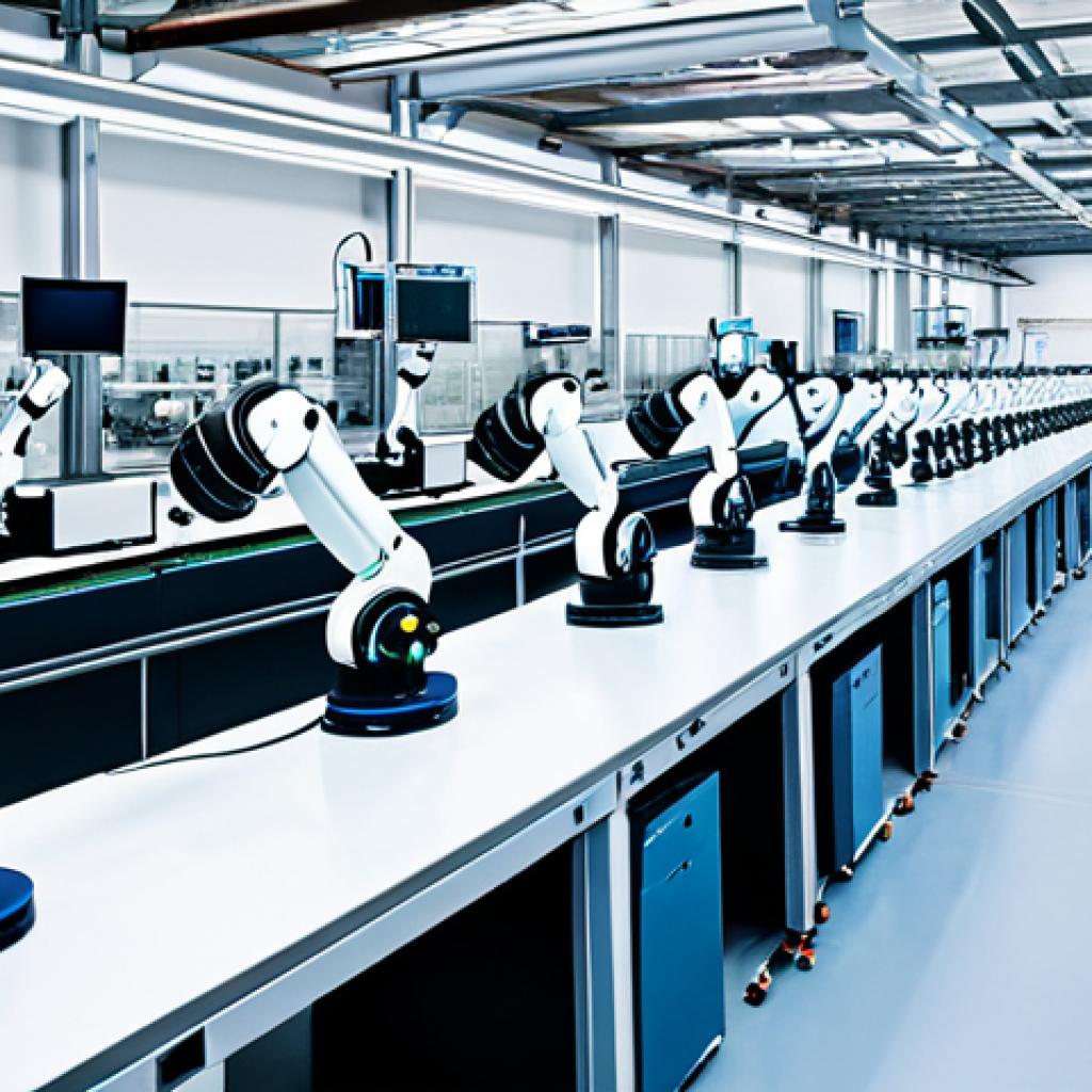 **Modern Factory Interior:** "A bright, clean factory floor in France, showcasing collaborative robots (cobots) working alongside engineers in lab coats, fully clothed, appropriate attire, safe for work, perfect anatomy, natural proportions, professional photography, high quality. Focus on a well-lit assembly line and data being displayed on monitors. The scene should evoke efficiency and human-machine collaboration."