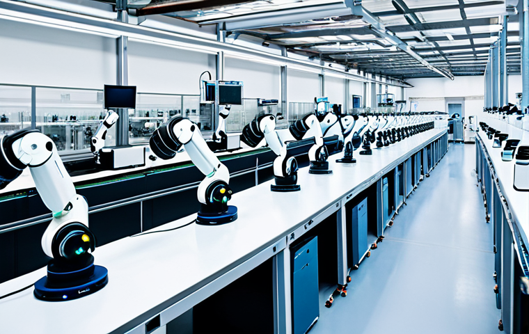 **Modern Factory Interior:** "A bright, clean factory floor in France, showcasing collaborative robots (cobots) working alongside engineers in lab coats, fully clothed, appropriate attire, safe for work, perfect anatomy, natural proportions, professional photography, high quality. Focus on a well-lit assembly line and data being displayed on monitors. The scene should evoke efficiency and human-machine collaboration."