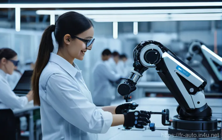 공장자동화 기초 강의 추천 - **Prompt 1: Collaborative Robotics in a High-Tech Manufacturing Facility**
"A brightly lit, ultr...