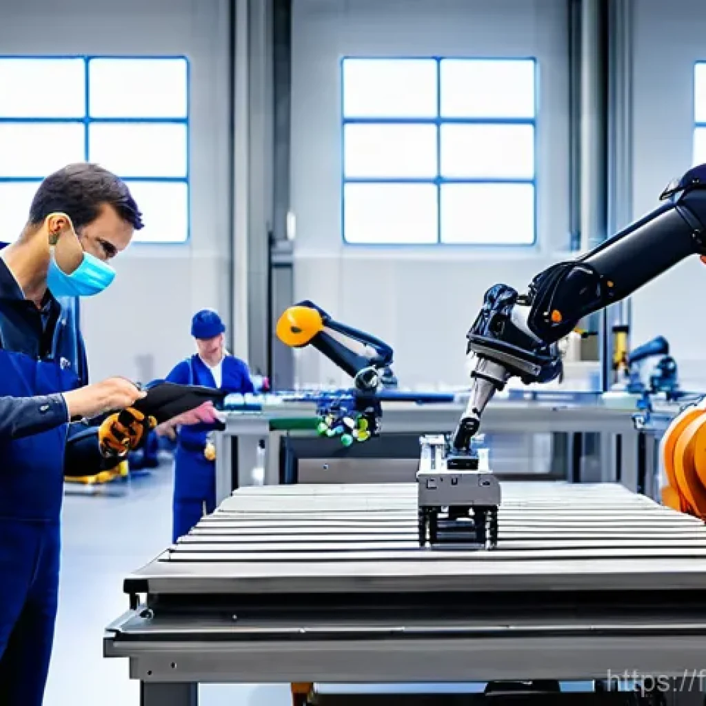 자동화 설비 구매 시 고려사항 - **Prompt:** A bright, modern manufacturing workshop in France, showcasing a seamless collaboration b...