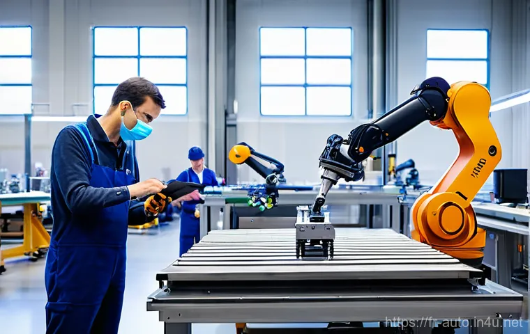 자동화 설비 구매 시 고려사항 - **Prompt:** A bright, modern manufacturing workshop in France, showcasing a seamless collaboration b...