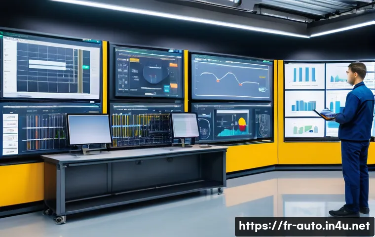 자동화 설비와 데이터 수집 - A modern industrial workshop showcasing advanced automation technology, with smart sensors installed...
