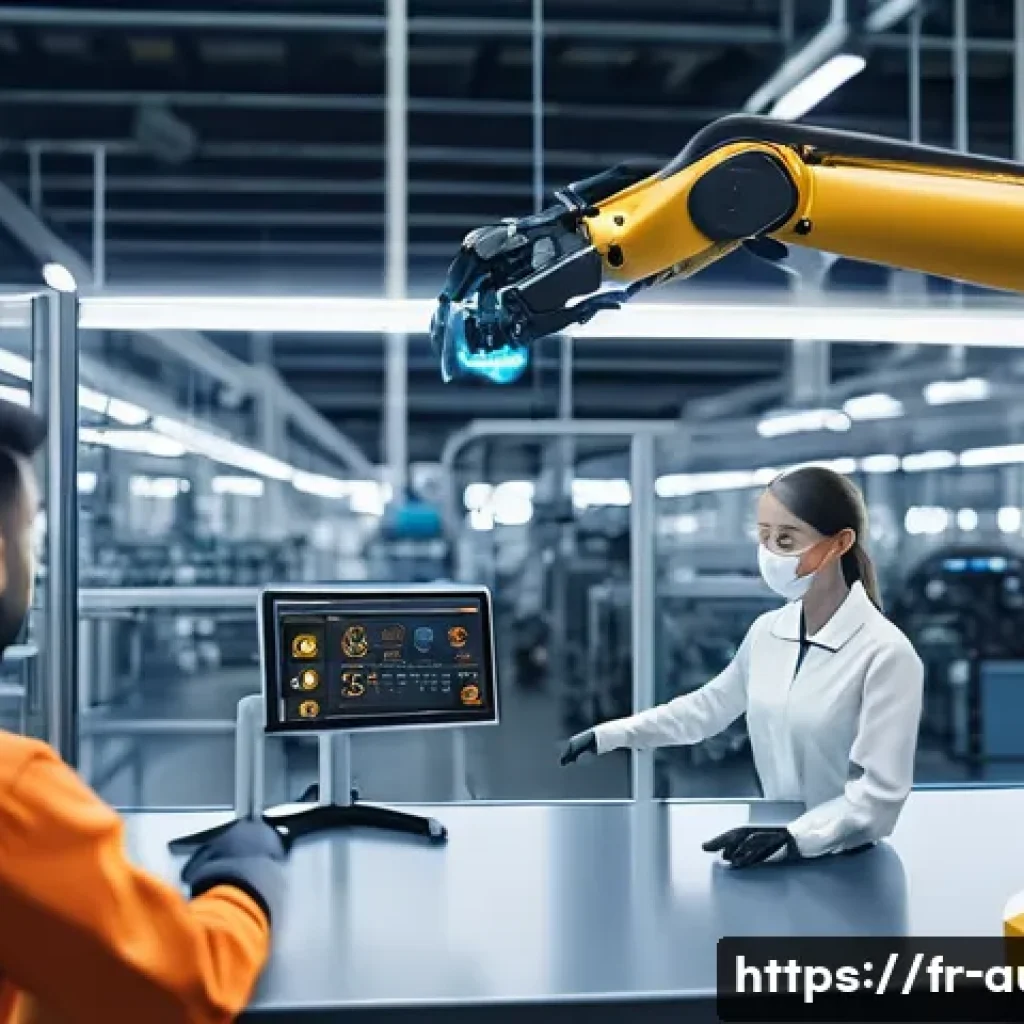 산업용 로봇과 AI의 융합 - A modern automotive assembly line scene featuring a human operator working collaboratively with an i...