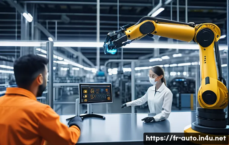 산업용 로봇과 AI의 융합 - A modern automotive assembly line scene featuring a human operator working collaboratively with an i...