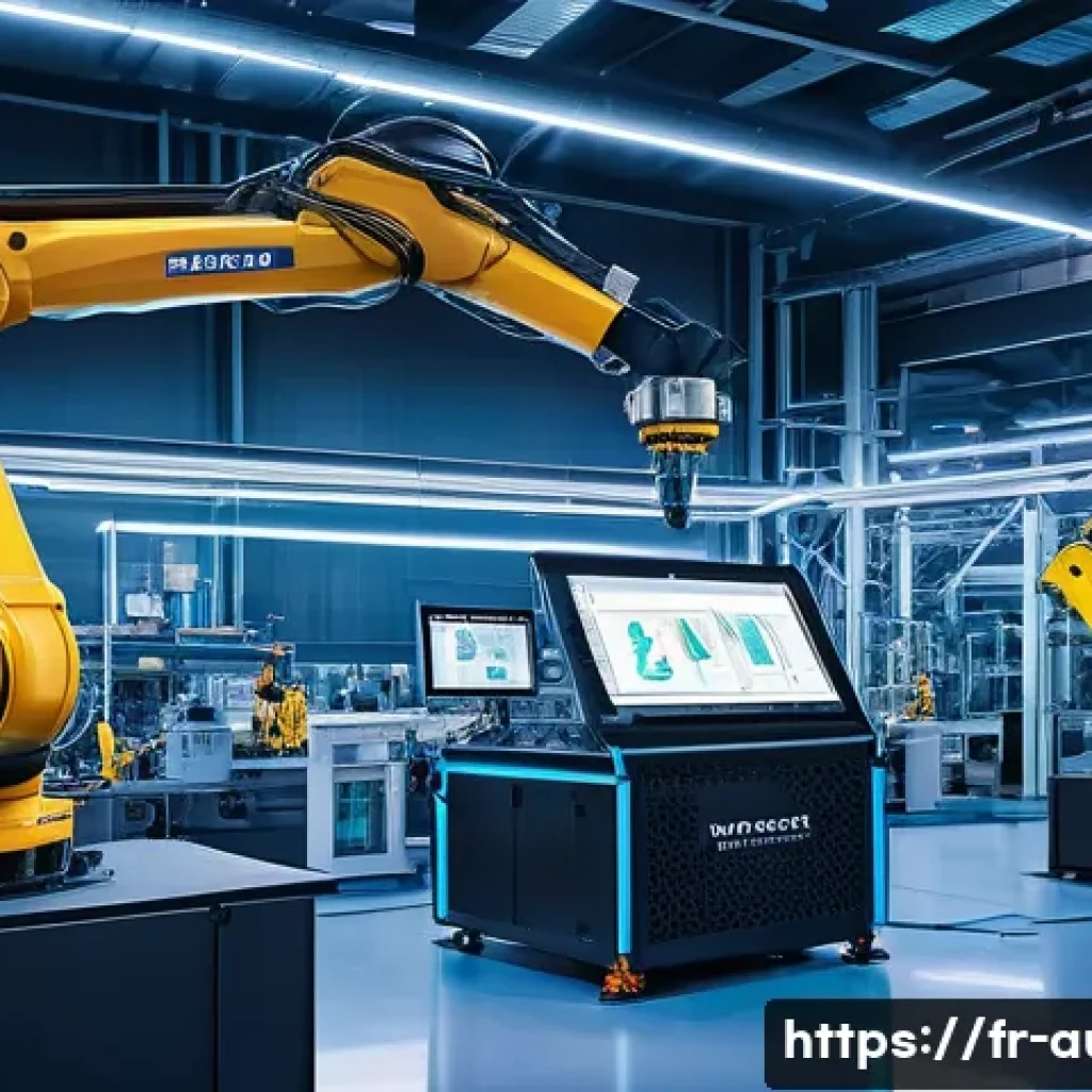 스마트 팩토리와 디지털 트윈 - A modern industrial factory floor showcasing interconnected smart machines and automated robotic arm...