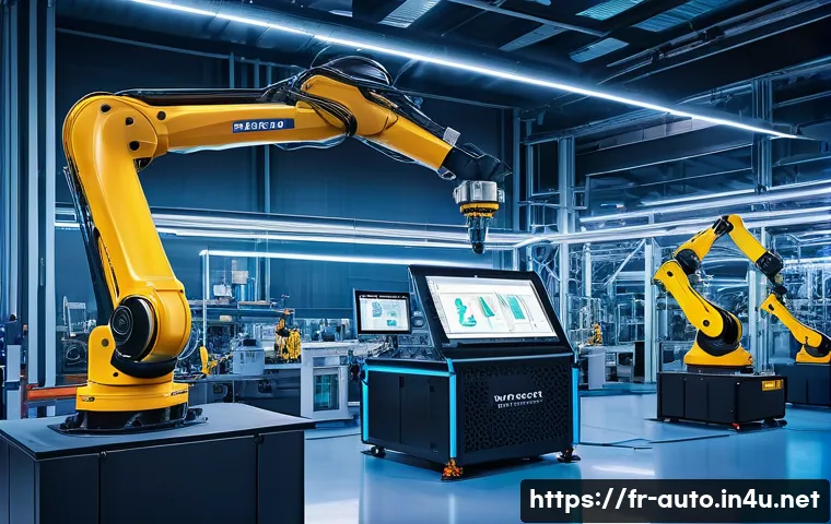 스마트 팩토리와 디지털 트윈 - A modern industrial factory floor showcasing interconnected smart machines and automated robotic arm...