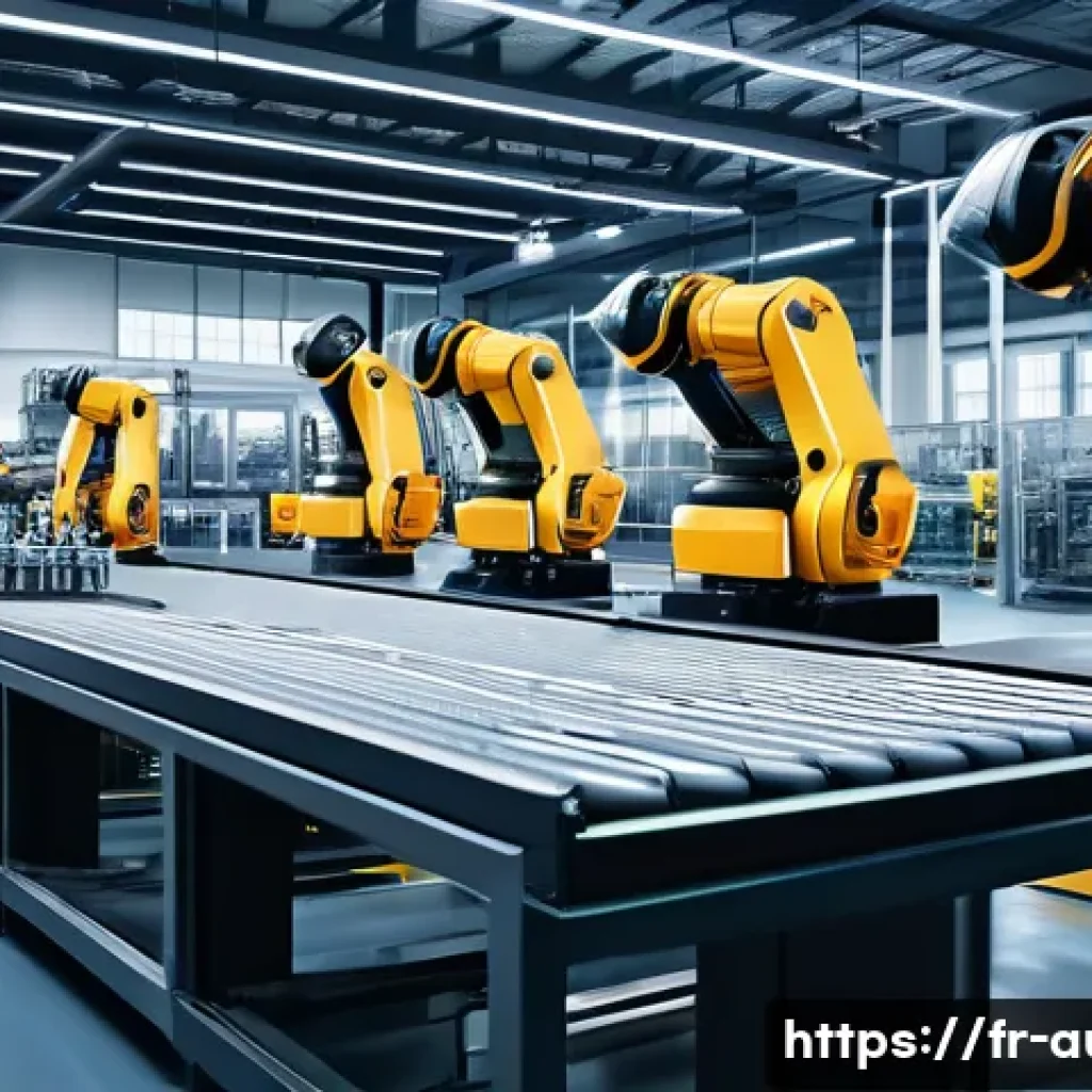 공장자동화 컨설팅 사례 - A modern industrial factory interior showcasing an automated production line with collaborative robo...