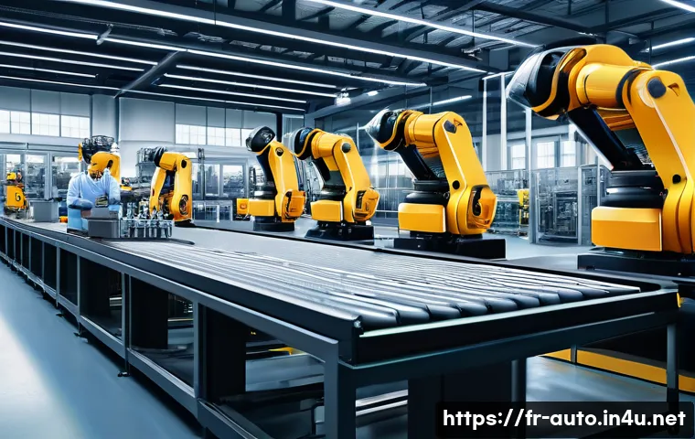 공장자동화 컨설팅 사례 - A modern industrial factory interior showcasing an automated production line with collaborative robo...