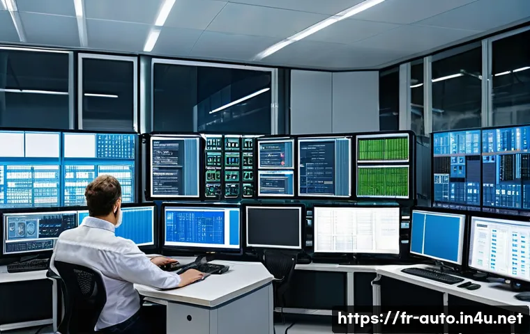 공장자동화 프로그래밍 언어 선택 - A detailed industrial automation control room featuring engineers working with programmable logic co...
