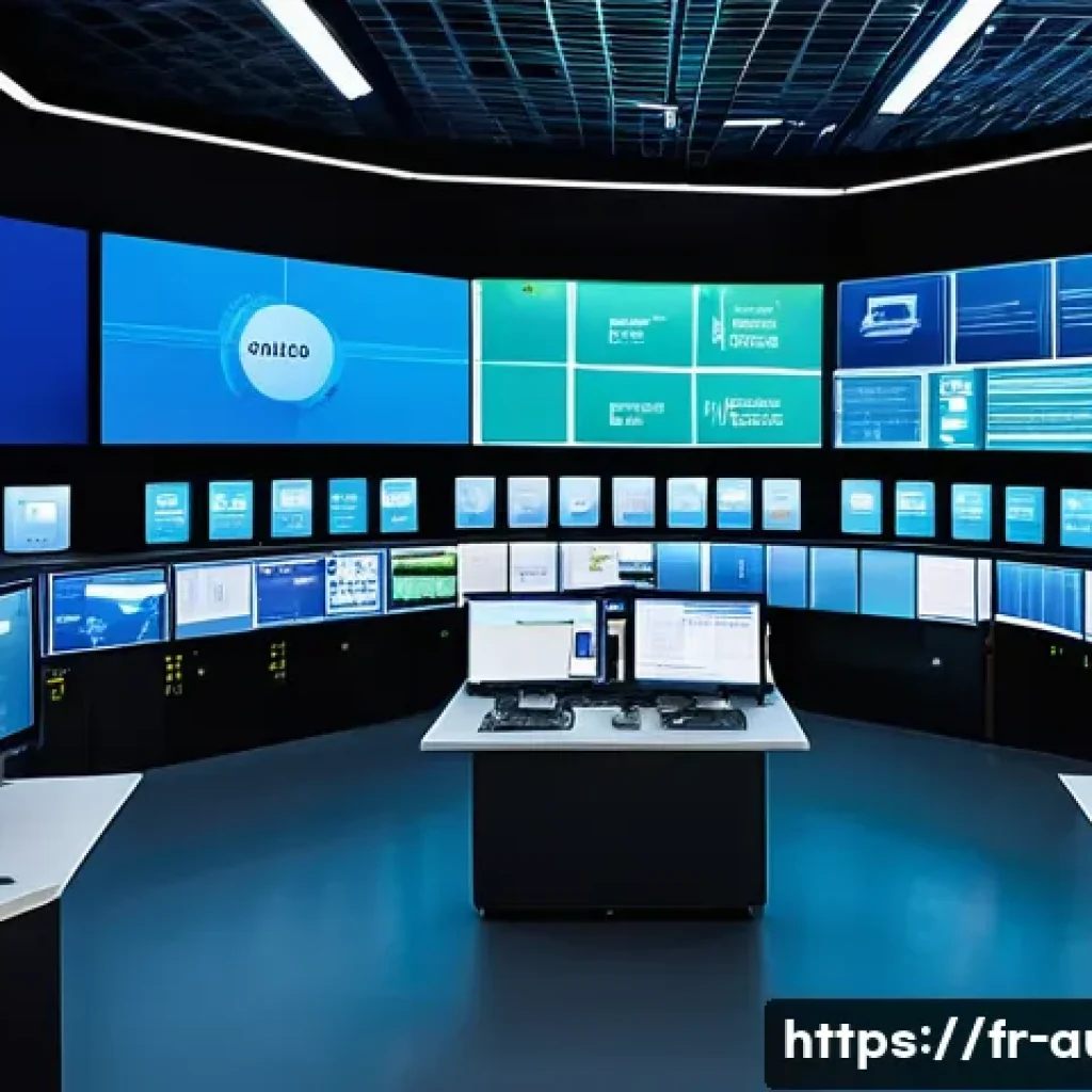 프로세스 제어 시스템 이해하기 - A high-tech industrial control room in a modern French factory, featuring multiple large screens dis...