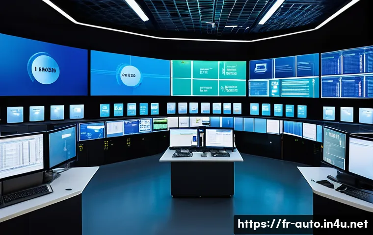 프로세스 제어 시스템 이해하기 - A high-tech industrial control room in a modern French factory, featuring multiple large screens dis...