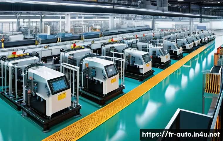 자동화 설비에 적합한 센서 선택 - A highly detailed industrial factory scene showcasing various types of sensors integrated into autom...
