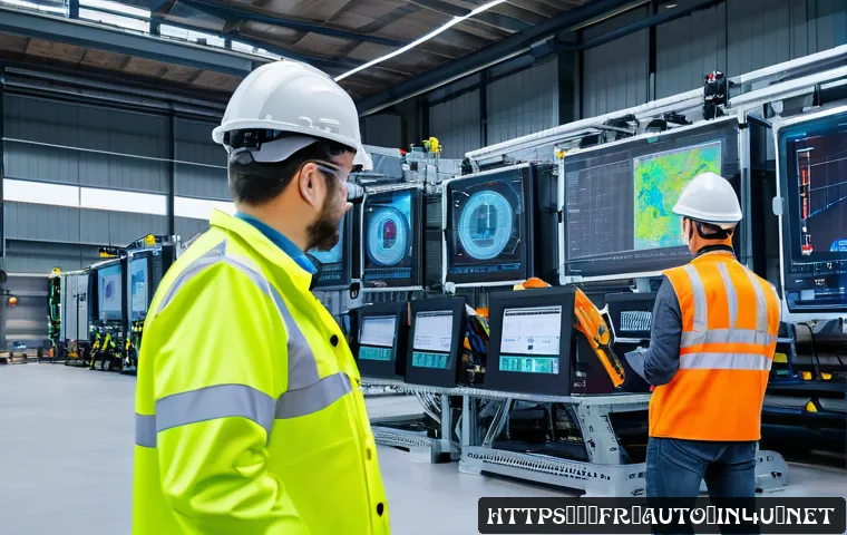 공장자동화 유지보수 비용 절감 - A modern industrial factory setting showcasing predictive maintenance technology: multiple IoT senso...