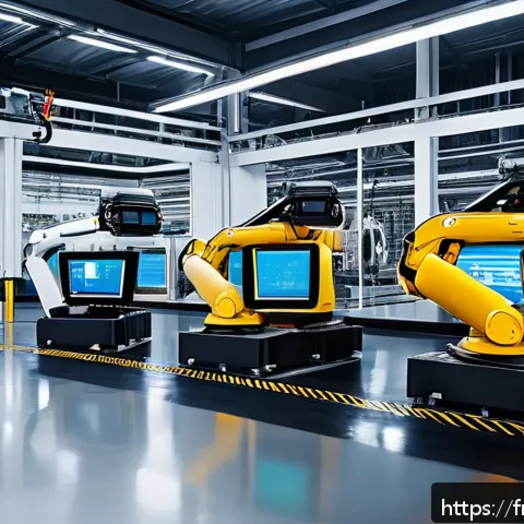 공장자동화에 적합한 소프트웨어 - A modern automotive factory interior with advanced predictive maintenance software displayed on mult...