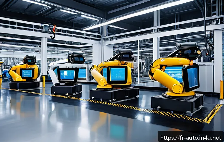 공장자동화에 적합한 소프트웨어 - A modern automotive factory interior with advanced predictive maintenance software displayed on mult...
