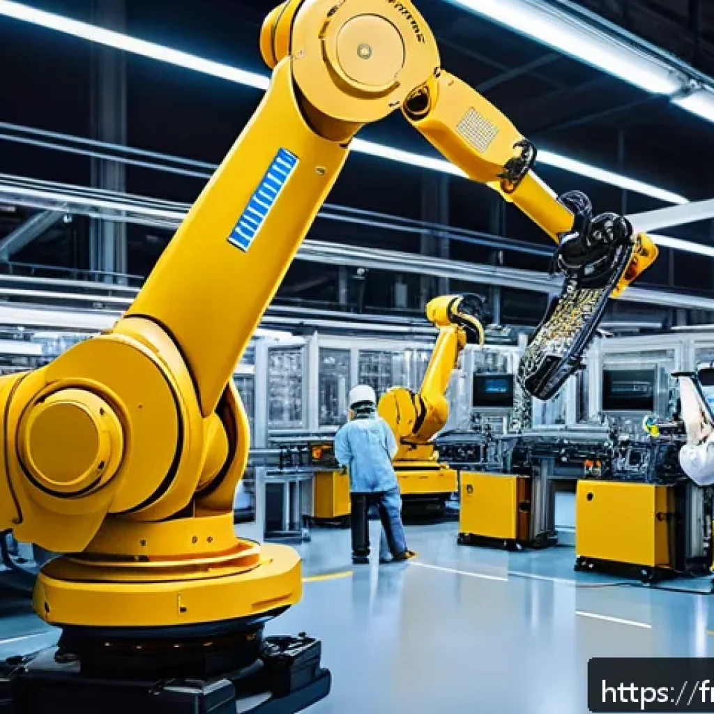 산업용 로봇 프로그래밍 입문 - A highly detailed industrial robotic arm in a modern factory setting, articulated with multiple join...