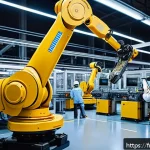 산업용 로봇 프로그래밍 입문 - A highly detailed industrial robotic arm in a modern factory setting, articulated with multiple join...