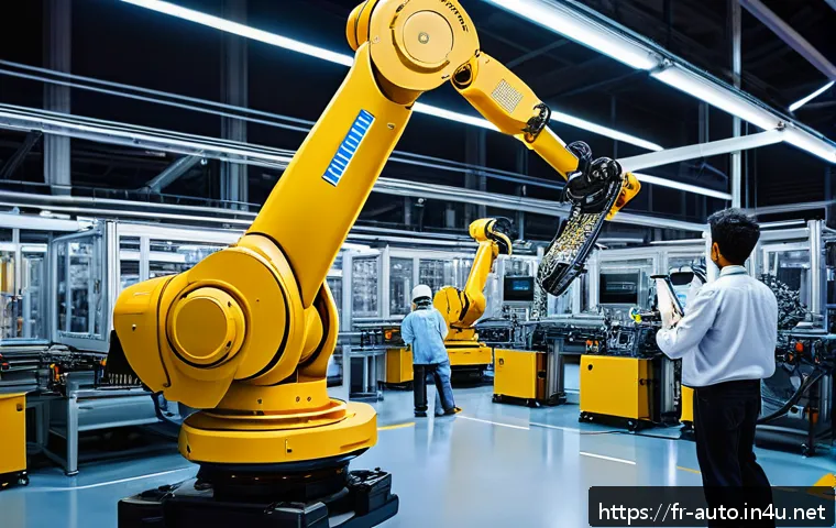 산업용 로봇 프로그래밍 입문 - A highly detailed industrial robotic arm in a modern factory setting, articulated with multiple join...
