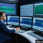 공장자동화 입문자를 위한 가이드 - A high-tech industrial automation control room featuring multiple large monitors displaying real-tim...