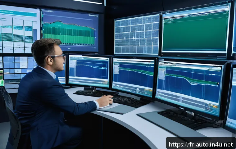 공장자동화 입문자를 위한 가이드 - A high-tech industrial automation control room featuring multiple large monitors displaying real-tim...