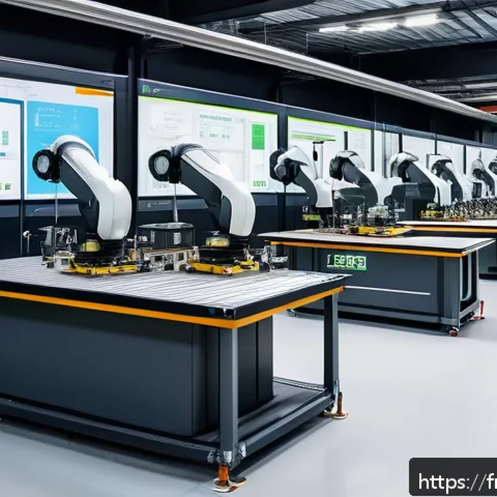 공장자동화 설비 설치 과정 - A modern industrial factory interior showcasing an advanced automated production line with collabora...