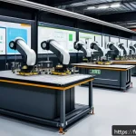 공장자동화 설비 설치 과정 - A modern industrial factory interior showcasing an advanced automated production line with collabora...