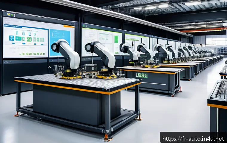 공장자동화 설비 설치 과정 - A modern industrial factory interior showcasing an advanced automated production line with collabora...