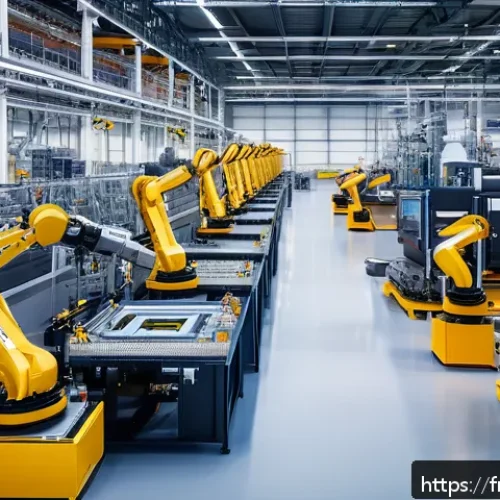 스마트 팩토리 사례 분석 - A modern French industrial factory interior showcasing an advanced AI-driven production line with re...