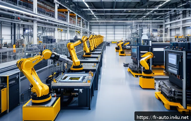 스마트 팩토리 사례 분석 - A modern French industrial factory interior showcasing an advanced AI-driven production line with re...