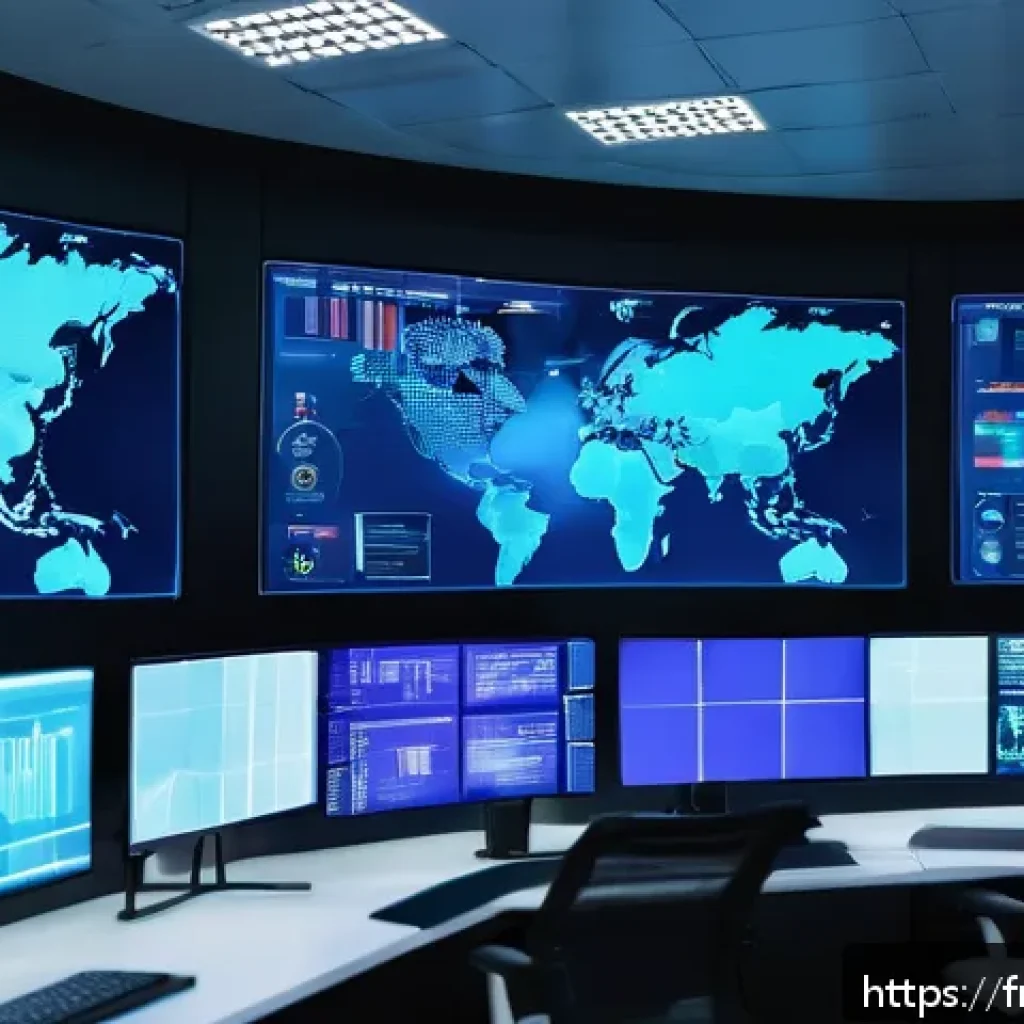 산업용 제어 시스템의 안정성 확보 - A high-tech industrial control room with multiple large screens displaying real-time cybersecurity d...
