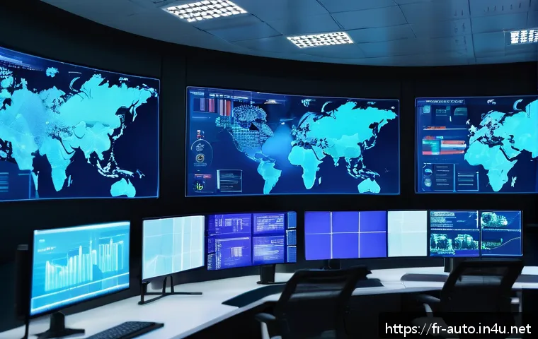 산업용 제어 시스템의 안정성 확보 - A high-tech industrial control room with multiple large screens displaying real-time cybersecurity d...
