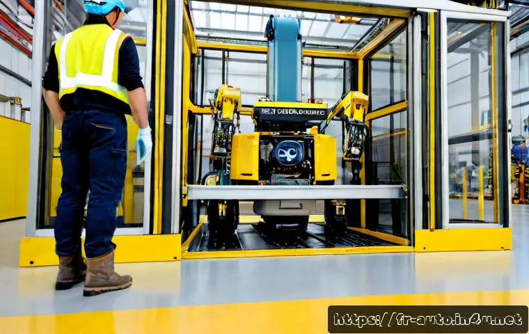 Home 17 공장자동화 현장에서의 안전 규정 - Photorealistic French automated manufacturing facility, a factory technician wearing a high-visibili...
