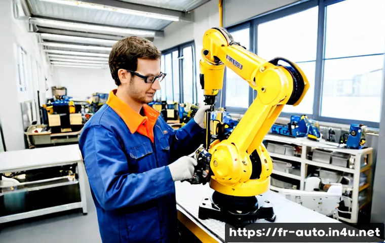 산업용 로봇과 인간 협력 사례 - Photorealistic French automotive components factory, a skilled technician in safety glasses and navy...